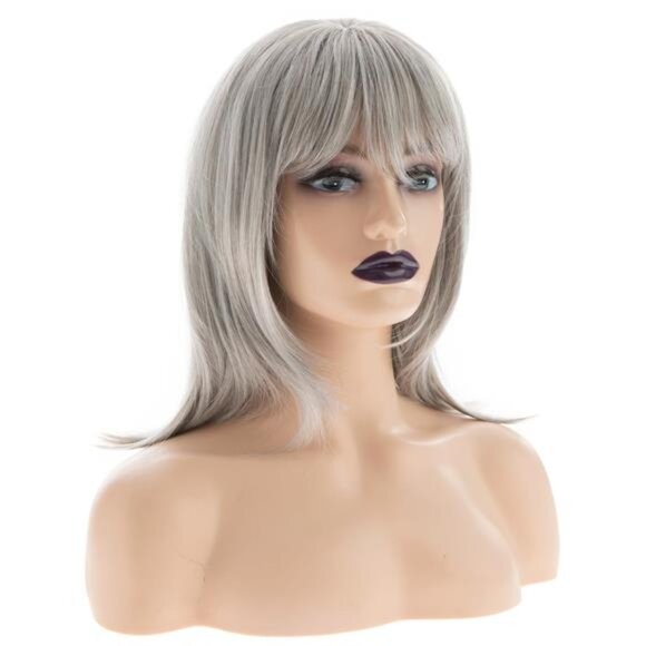 Long Natural Wig with Bangs Synthetic Gray - Picture 2 of 7